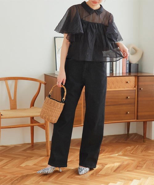 KOBE LETTUCE（コウベレタス）の「内緒のウエストゴム　超楽ストレッチストレートワイドデニム（デニムパンツ・レディース・インディゴブルー/ワンウォッシュ/ブルー/ブルー系2/ブルー系1/ブルー系/ブラック/ライトブルー・L/LL/M）」の18枚目の写真