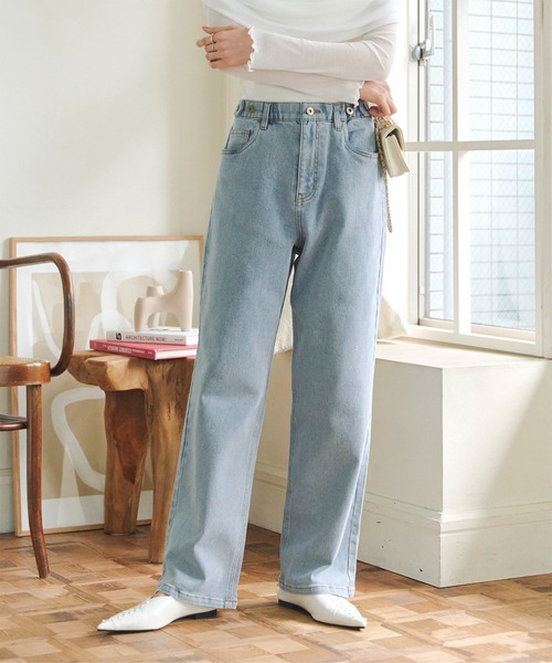 KOBE LETTUCE（コウベレタス）の「内緒のウエストゴム　超楽ストレッチストレートワイドデニム（デニムパンツ・レディース・インディゴブルー/ワンウォッシュ/ブルー/ブルー系2/ブルー系1/ブルー系/ブラック/ライトブルー・L/LL/M）」の9枚目の写真