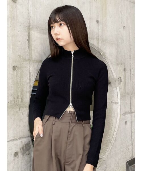 美品✨ハイネック長袖ニット フルジップ ダブルジップ 黒 ウール100 リブ素材 RASW]ダブルジップハイネックニットベスト【スピード配送