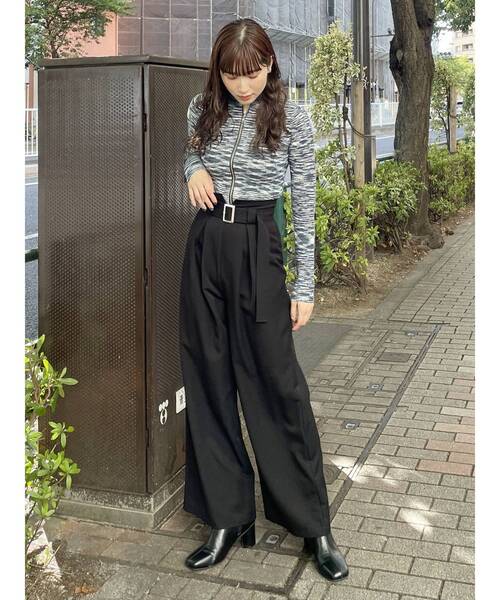 美品✨ハイネック長袖ニット フルジップ ダブルジップ 黒 ウール100 リブ素材 ダブルジップハイネックニット[品番：MKSW0054385]｜MURUA