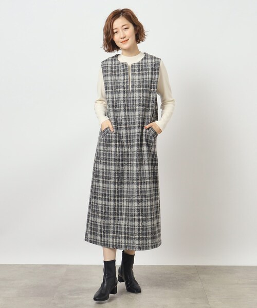 grove（グローブ）の「◆ニュアンスカラーのチェックがキャッチーなキーネックジャンドレ（ワンピース・レディース・ベージュ系1/グレー系1/ブラック・02/03/01/05/04）」の8枚目の写真