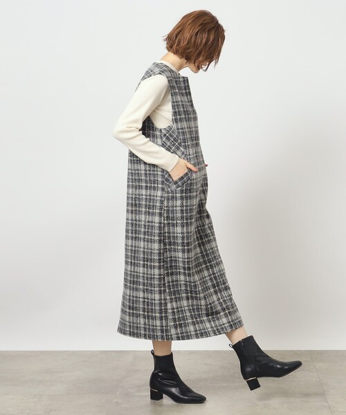 grove（グローブ）の「◆ニュアンスカラーのチェックがキャッチーなキーネックジャンドレ（ワンピース・レディース・ベージュ系1/グレー系1/ブラック・02/03/01/05/04）」の9枚目の写真