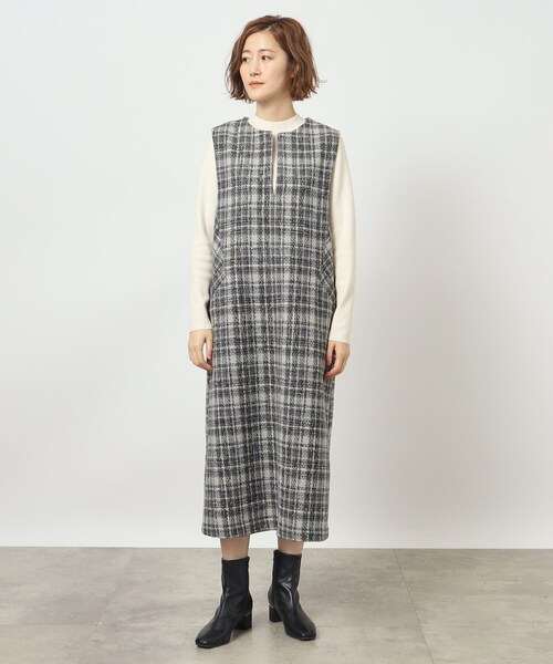 grove（グローブ）の「◆ニュアンスカラーのチェックがキャッチーなキーネックジャンドレ（ワンピース・レディース・ベージュ系1/グレー系1/ブラック・02/03/01/05/04）」の16枚目の写真