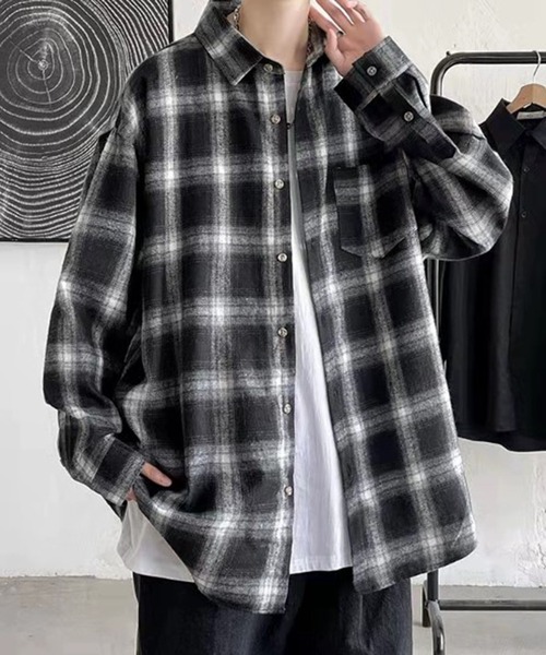 On 長袖シャツ 黒 BENDER TOKYO】フランネル 長袖シャツ オンブレチェックシャツ