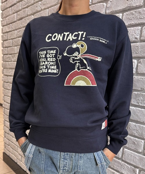 SNOOPY×OLD BETTY'S(スヌーピーカケルオールドベティーズ)の「スヌーピー【SNOOPY】Crew Neck Sweat (CONTACT!)(スウェット・レディース・ネイビー・L/M)」の1枚目の写真