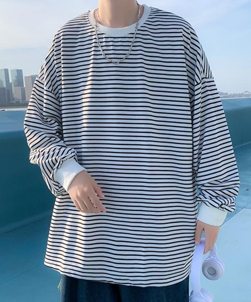 NOWLE（ノウル）の「【NOWLE】ルーズシルエット ボーダー ロンT（Tシャツ/カットソー・メンズ・ネイビー/ホワイト・MEDIUM/X-LARGE/LARGE）」の2枚目の写真