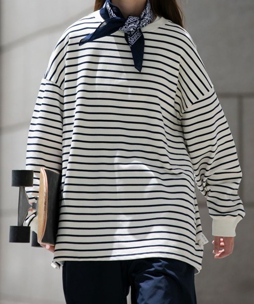 NOWLE（ノウル）の「【NOWLE】ルーズシルエット ボーダー ロンT（Tシャツ/カットソー・メンズ・ネイビー/ホワイト・MEDIUM/X-LARGE/LARGE）」の9枚目の写真