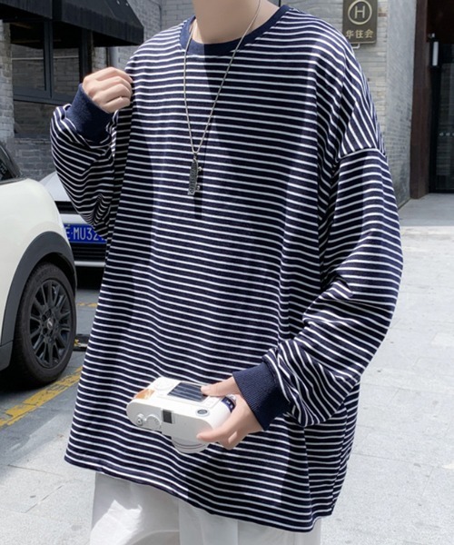 NOWLE（ノウル）の「【NOWLE】ルーズシルエット ボーダー ロンT（Tシャツ/カットソー・メンズ・ネイビー/ホワイト・MEDIUM/X-LARGE/LARGE）」の13枚目の写真