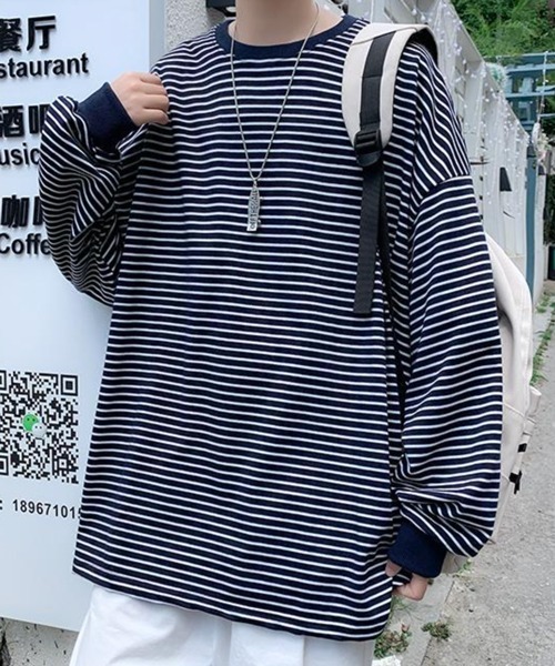 NOWLE（ノウル）の「【NOWLE】ルーズシルエット ボーダー ロンT（Tシャツ/カットソー・メンズ・ネイビー/ホワイト・MEDIUM/X-LARGE/LARGE）」の14枚目の写真