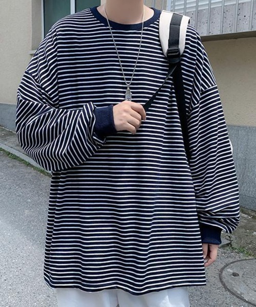 NOWLE（ノウル）の「【NOWLE】ルーズシルエット ボーダー ロンT（Tシャツ/カットソー・メンズ・ネイビー/ホワイト・MEDIUM/X-LARGE/LARGE）」の16枚目の写真