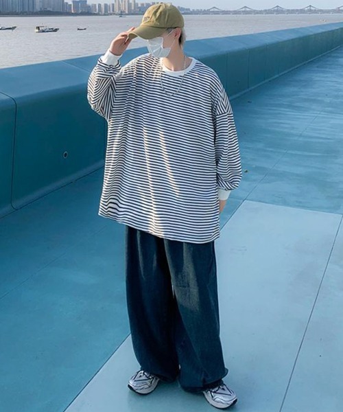 NOWLE（ノウル）の「【NOWLE】ルーズシルエット ボーダー ロンT（Tシャツ/カットソー・メンズ・ネイビー/ホワイト・MEDIUM/X-LARGE/LARGE）」の10枚目の写真