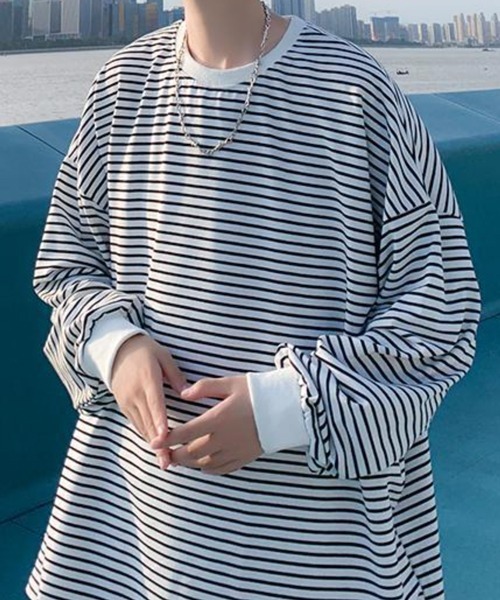 NOWLE（ノウル）の「【NOWLE】ルーズシルエット ボーダー ロンT（Tシャツ/カットソー・メンズ・ネイビー/ホワイト・MEDIUM/X-LARGE/LARGE）」の11枚目の写真