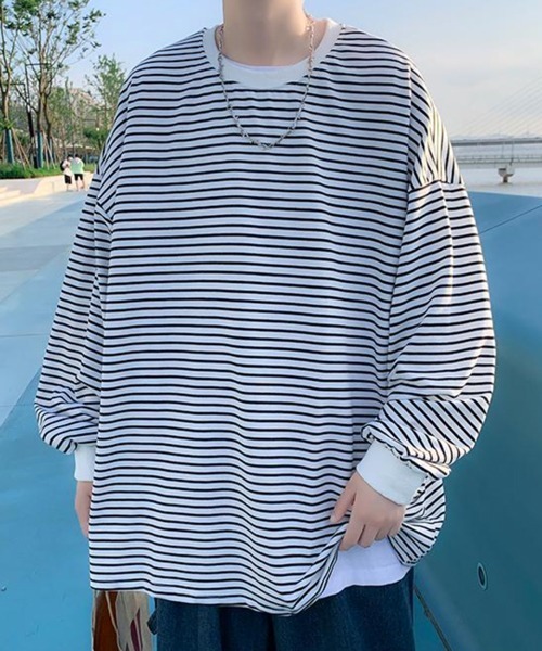 NOWLE（ノウル）の「【NOWLE】ルーズシルエット ボーダー ロンT（Tシャツ/カットソー・メンズ・ネイビー/ホワイト・MEDIUM/X-LARGE/LARGE）」の12枚目の写真