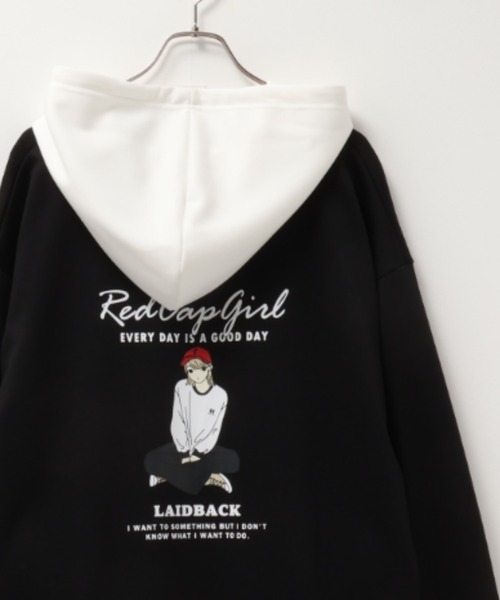 Red Cap Girl(レッドキャプガール)の「RED CAP GIRL レッドキャップガール バックプリント 配色パーカー(パーカー・メンズ・ホワイト/ブラック/ブルー系その他・M/L)」の1枚目の写真