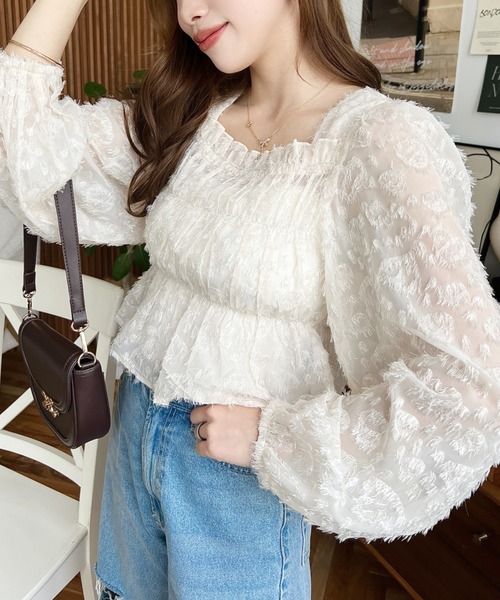 セール】シャーリングシフォン袖 トップス（Tシャツ/カットソー