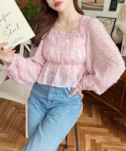 セール】シャーリングシフォン袖 トップス（Tシャツ/カットソー