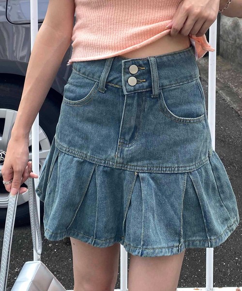 セール】ダブルボタンプリーツデニムミニスカート（デニムスカート  