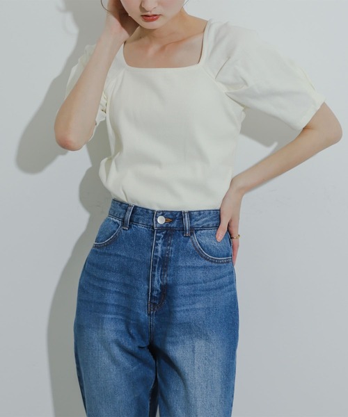 HEYUMM（ヘユム）の「タックボリュームスリーブカットソー（Tシャツ/カットソー・レディース・ブラック系その他/ミント/アイボリー・ONE）」の2枚目の写真