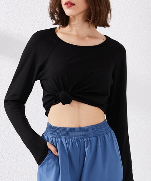HYSSHOP（エイチワイエスショップ）の「レディース 長袖リボン結べるラウンドヘムヨガトップス[トレーニングウェア/ジムウェア/ピラティスウェア]（その他トップス・レディース・ブラック/ライトパープル/グリーン系その他/ホワイト/グレー・L/S/M）」の2枚目の写真