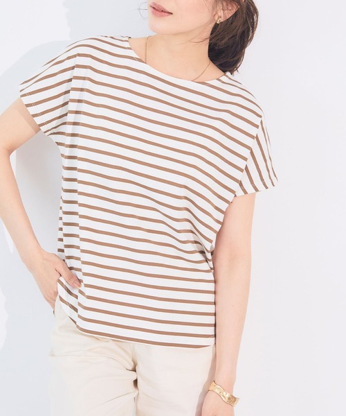 CROSS FUNCTION（クロスファンクション）の「《接触冷感》エブ楽フレンチスリーブTシャツ【CF/クロスファンクション】（Tシャツ/カットソー・レディース・マスタード/オフホワイト/ブラウン/ブラック/グリーン/オレンジ/ブラウン系その他/ブルー・LL/M/L）」の4枚目の写真