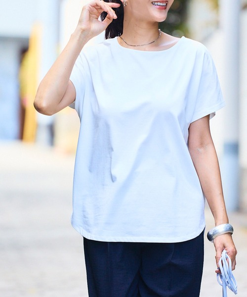 CROSS FUNCTION（クロスファンクション）の「《接触冷感》エブ楽フレンチスリーブTシャツ【CF/クロスファンクション】（Tシャツ/カットソー・レディース・マスタード/オフホワイト/ブラウン/ブラック/グリーン/オレンジ/ブラウン系その他/ブルー・LL/M/L）」の2枚目の写真