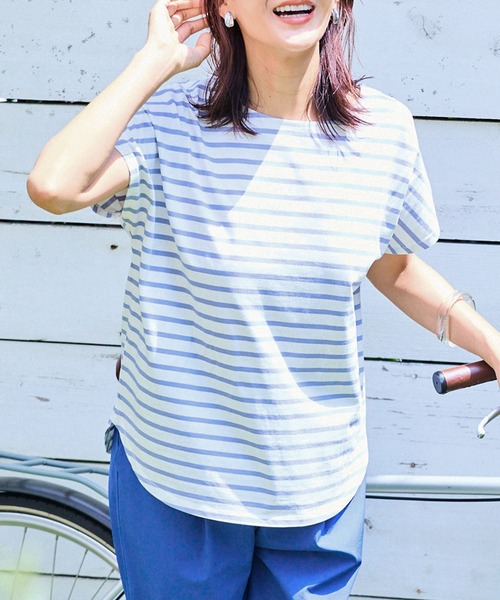 CROSS FUNCTION（クロスファンクション）の「《接触冷感》エブ楽フレンチスリーブTシャツ【CF/クロスファンクション】（Tシャツ/カットソー・レディース・マスタード/オフホワイト/ブラウン/ブラック/グリーン/オレンジ/ブラウン系その他/ブルー・LL/M/L）」の6枚目の写真