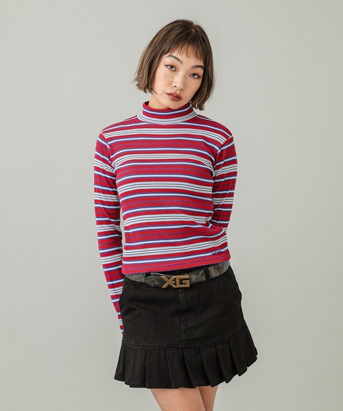 X-girl(エックスガール)の「STRIPED HIGH NECK TOP(Tシャツ/カットソー・レディース・レッド/ブラウン/グリーン・M/S)」の1枚目の写真