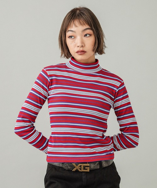 X-girl(エックスガール)の「STRIPED HIGH NECK TOP(Tシャツ/カットソー・レディース・レッド/ブラウン/グリーン・M/S)」の12枚目の写真