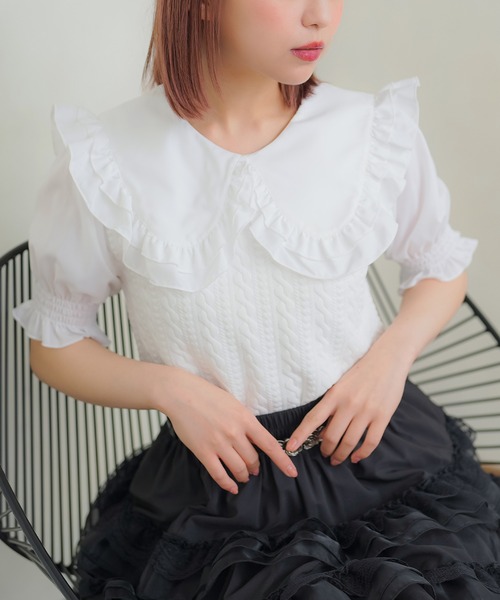 DearMyLoveRose(ディアマイラブローズ)の「ビッグフリル襟ドッキングトップス(Tシャツ/カットソー・レディース・ベージュ/ブラック/ホワイト・MEDIUM/3L/LL/LARGE)」の8枚目の写真