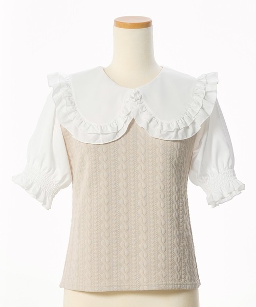 René ホワイト フリル襟 36 ビッグフリル襟ドッキングトップス（Tシャツ/カットソー