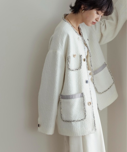 Eimee Law(エイミーロウ)の「ツィードミックスボタン ジャケット(ノーカラージャケット・レディース・アイボリー/ブラック/ブラックミックス・38)」の5枚目の写真