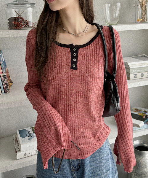 Eclat one(エクラワン)の「【Eclat one】配色ヘンリーネック リブニット(ニット/セーター・レディース・ブラック/レッド/ベージュ・FREE)」の12枚目の写真