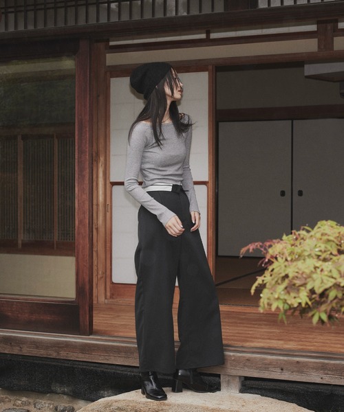 hellam（へラム）の「ウエスト折り返しタックワイドパンツ（スラックス・レディース・チャコール/アイボリー/ブラック/グレイッシュベージュ・FREE）」の5枚目の写真