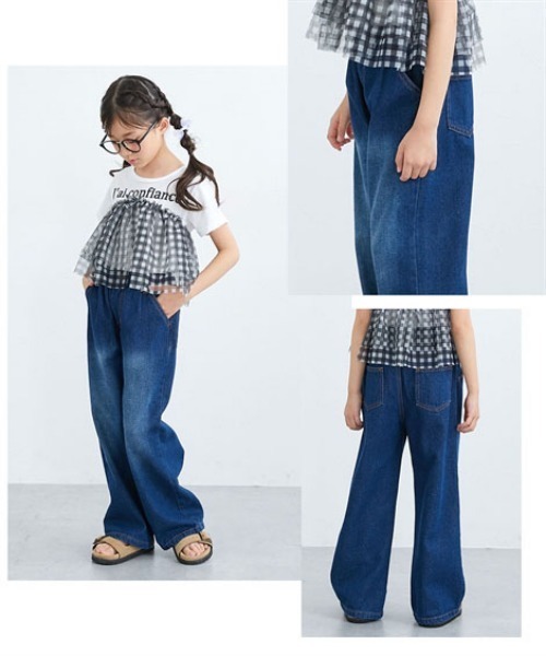 QUNTSTYLE（キュントスタイル）の「デニムワイドパンツ　<綿100%>（デニムパンツ・キッズ・ブルー系/ネイビー・100/110/130/140/150/160/120/170）」の15枚目の写真