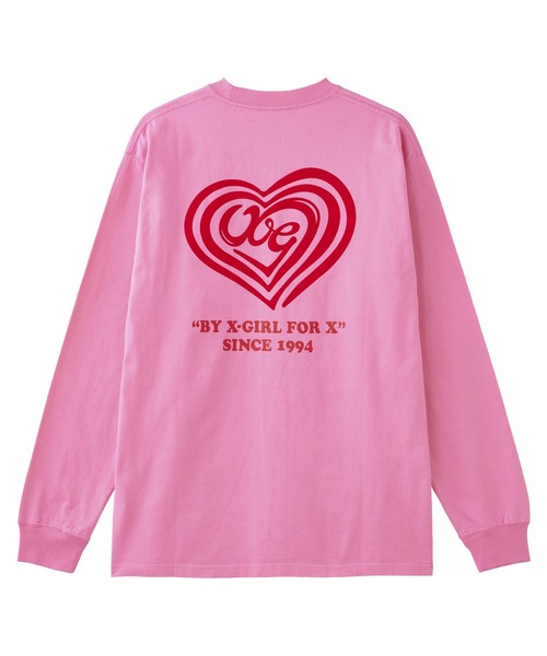 X-girl(エックスガール)の「SPIRAL HEART LOGO L/S TEE(Tシャツ/カットソー・レディース・ホワイト/ピンク/ブラック・S/M/L/XL)」の1枚目の写真
