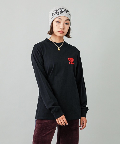 X-girl(エックスガール)の「SPIRAL HEART LOGO L/S TEE(Tシャツ/カットソー・レディース・ホワイト/ピンク/ブラック・S/M/L/XL)」の5枚目の写真