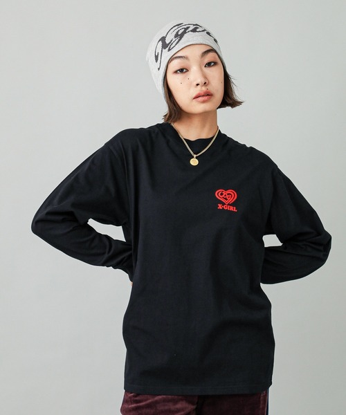 X-girl(エックスガール)の「SPIRAL HEART LOGO L/S TEE(Tシャツ/カットソー・レディース・ホワイト/ピンク/ブラック・S/M/L/XL)」の4枚目の写真