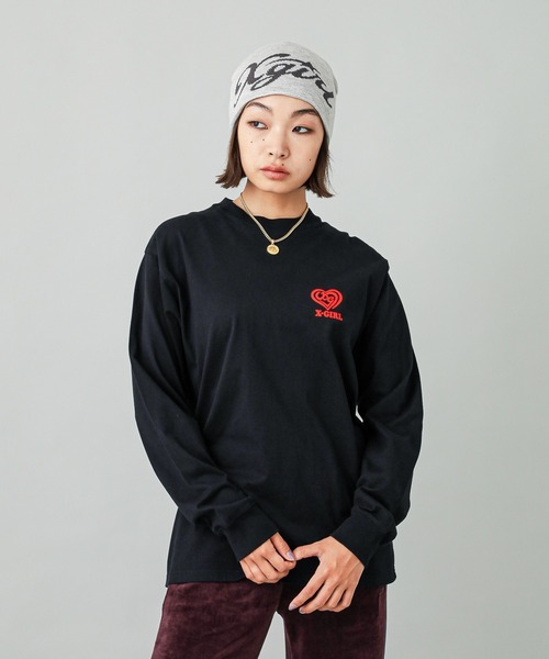 X-girl(エックスガール)の「SPIRAL HEART LOGO L/S TEE(Tシャツ/カットソー・レディース・ホワイト/ピンク/ブラック・S/M/L/XL)」の6枚目の写真