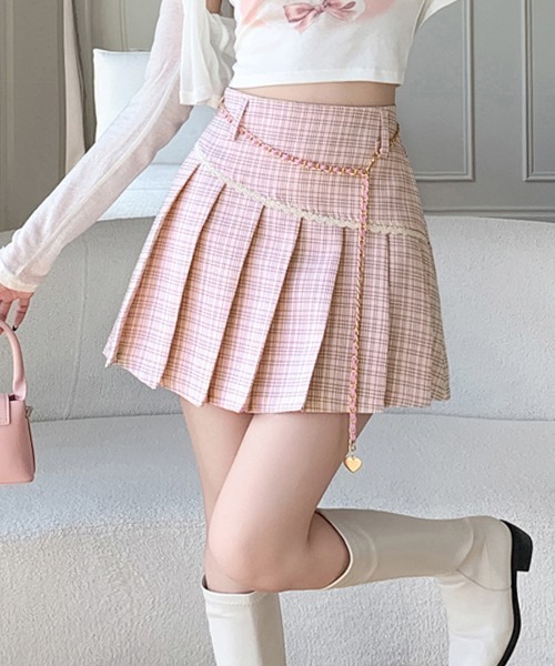 CHANEL ラップ台形スカート ショート丈ピンク 38*QC106 セール】チェーン付きプリーツミニスカート（スカート）｜REMUR