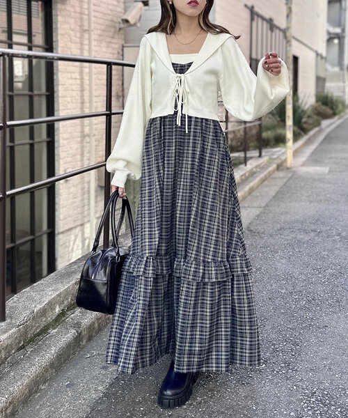 w closet(ダブルクローゼット)の「【2点セットアイテム/ラメ生地】セーラーカラーニットカーデキャミSET(カーディガン/ボレロ・レディース・オレンジ/オフホワイト/グレー/ブルー/ピンク・FREE)」の9枚目の写真