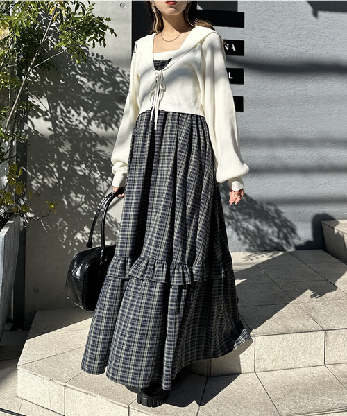 w closet(ダブルクローゼット)の「【2点セットアイテム/ラメ生地】セーラーカラーニットカーデキャミSET(カーディガン/ボレロ・レディース・オレンジ/オフホワイト/グレー/ブルー/ピンク・FREE)」の10枚目の写真