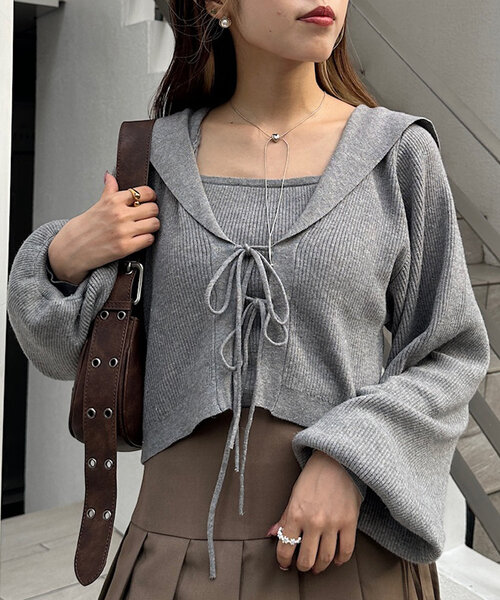 w closet(ダブルクローゼット)の「【2点セットアイテム/ラメ生地】セーラーカラーニットカーデキャミSET(カーディガン/ボレロ・レディース・オレンジ/オフホワイト/グレー/ブルー/ピンク・FREE)」の12枚目の写真