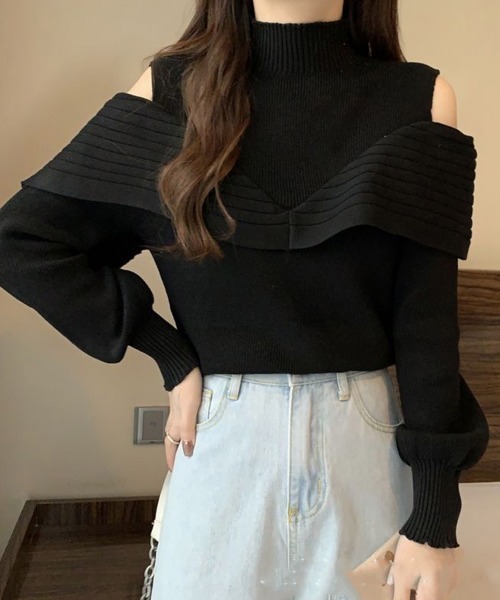 Miniministore(ミニミニストア)の「ニットトップス オフショルダーリブニット(ニット/セーター・レディース・ブラック/ホワイト・FREE)」の1枚目の写真