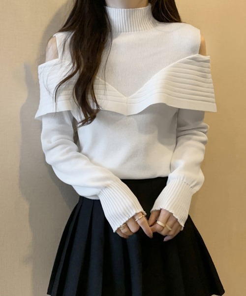 Miniministore(ミニミニストア)の「ニットトップス オフショルダーリブニット(ニット/セーター・レディース・ブラック/ホワイト・FREE)」の3枚目の写真