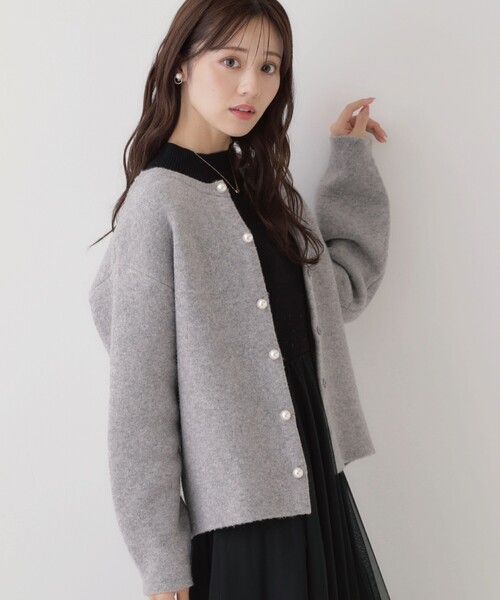 【セール】【上品仕立て】パール調釦コクーンニットジャケット（ノーカラージャケット）｜couture brooch（クチュールブローチ）