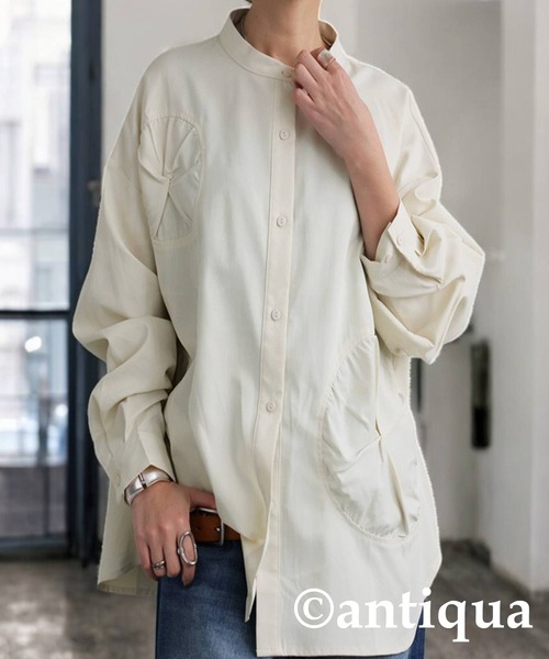 antiqua(アンティカ)の「ドットギャザーデザイントップス(シャツ/ブラウス・レディース・アイボリー/ブラック・ONESIZE)」の1枚目の写真