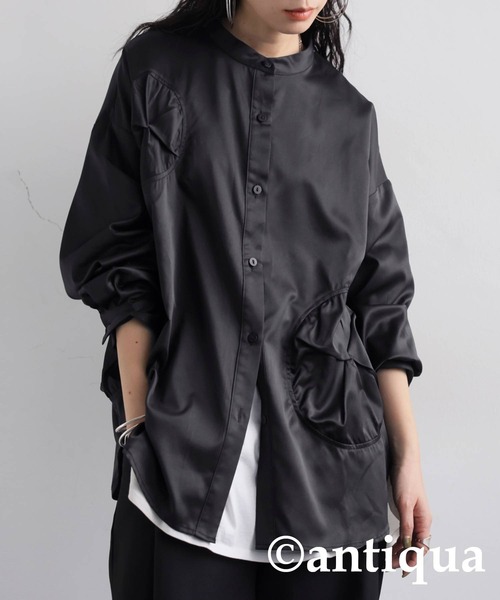 antiqua(アンティカ)の「ドットギャザーデザイントップス(シャツ/ブラウス・レディース・アイボリー/ブラック・ONESIZE)」の2枚目の写真