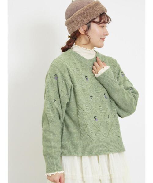Samansa Mos2（サマンサ モスモス）の「実柄刺繍アーガイル透かしニット（ニット/セーター・レディース・モカ/ミント/キナリ・F）」の13枚目の写真