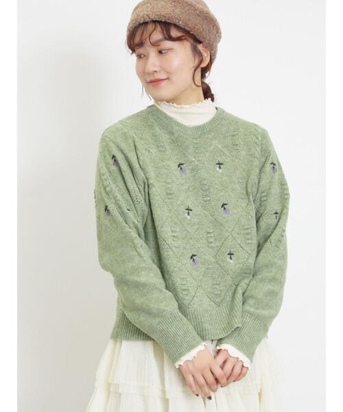 Samansa Mos2（サマンサ モスモス）の「実柄刺繍アーガイル透かしニット（ニット/セーター・レディース・モカ/ミント/キナリ・F）」の14枚目の写真
