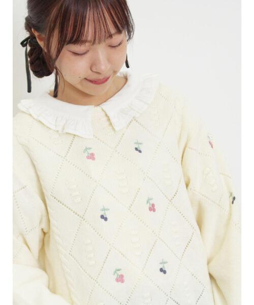 Samansa Mos2（サマンサ モスモス）の「実柄刺繍アーガイル透かしニット（ニット/セーター・レディース・モカ/ミント/キナリ・F）」の15枚目の写真